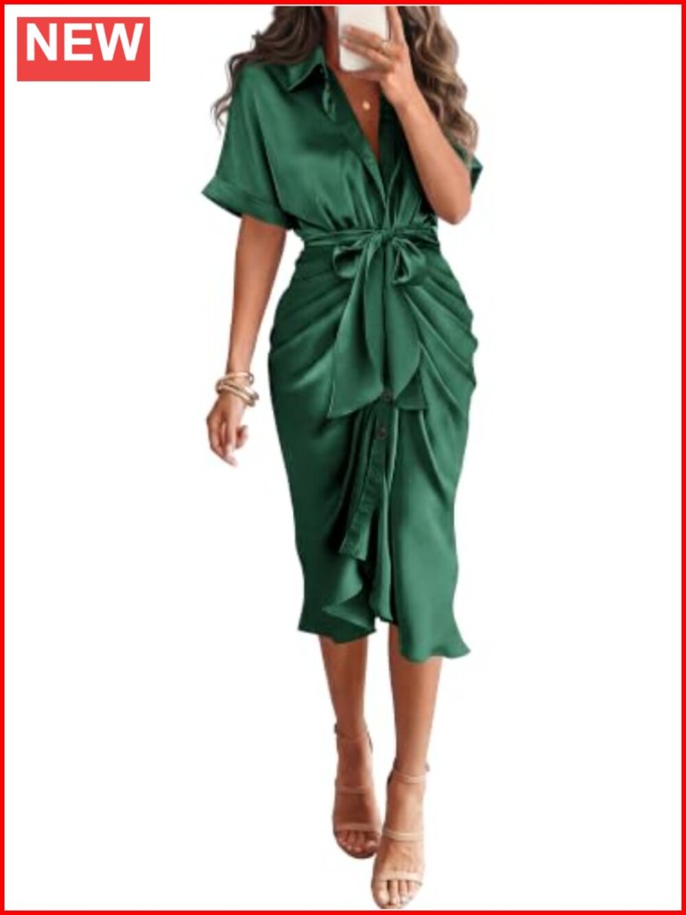 Satin Ruched Maxi Dress Short Sleeve Tie Waist